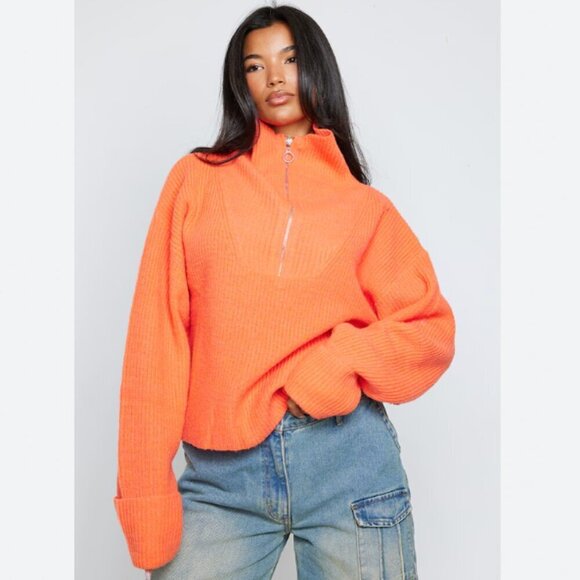 PrettyLittleThing Bright Orange Marl Chunky Knit Half Zip Sweater - Picture 1 of 3